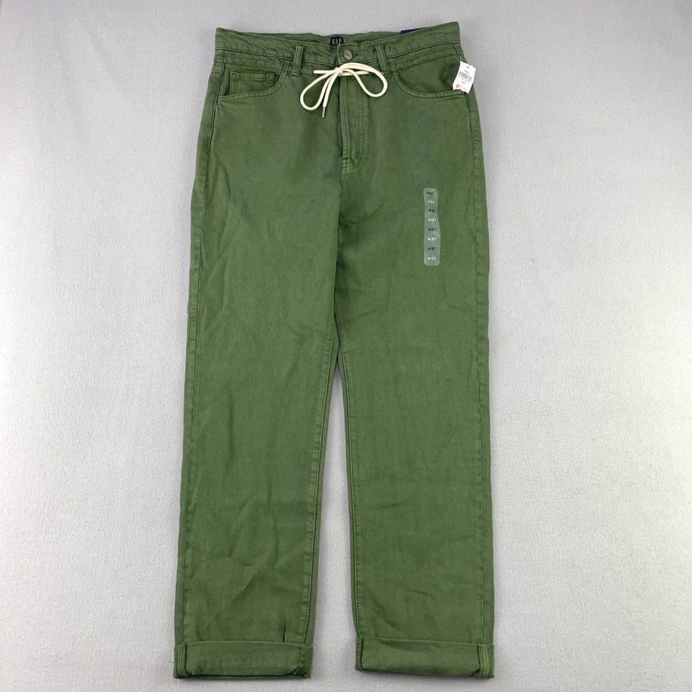 GAP Denim Boyfriend Pants Women 4/27 Green NWT Straight Leg High Rise Drawstring
